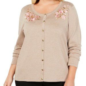 Karen Scott Beige Embroidered Button Up Cardigan